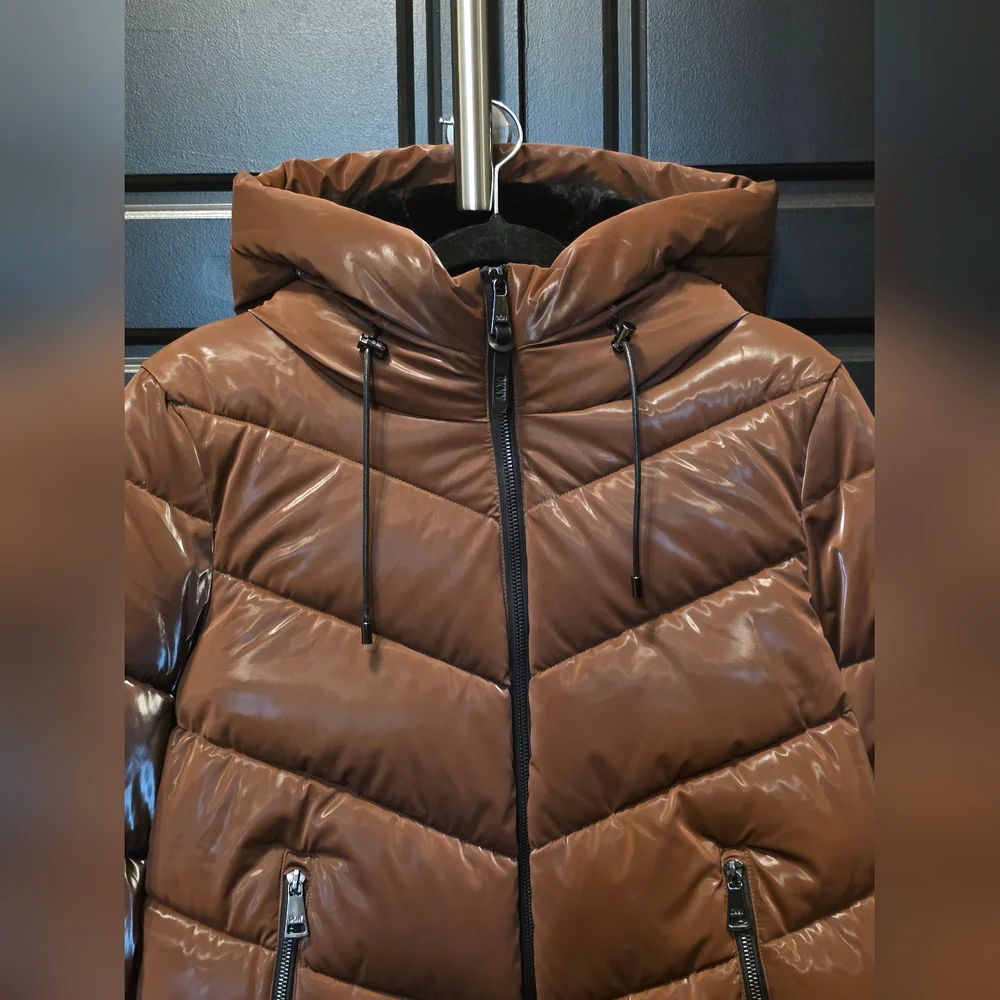 DKNY Quilted Puffer Snow Jacket in Brown Gloss with Faux Fur Hood - Picture 2 of 11
